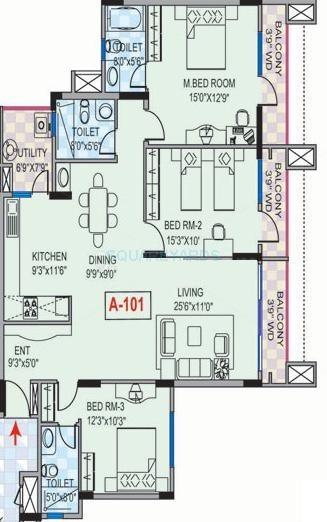 Floor plan of 3 BHK 1625 Sq. Ft. Apartment in Mantri Greens, Bangalore