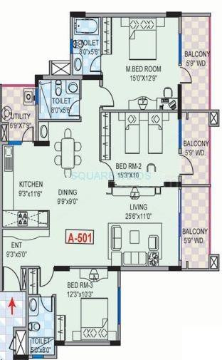 Floor plan of 3 BHK 1710 Sq. Ft. Apartment in Mantri Greens, Bangalore