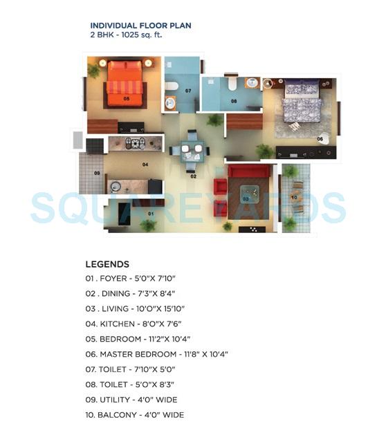 Floor plan of 2 BHK 1025 Sq. Ft. Apartment in Mantri Serenity, Bangalore