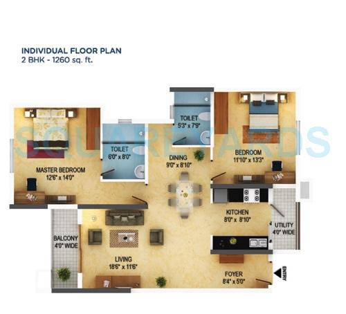 Floor plan of 2 BHK 1260 Sq. Ft. Apartment in Mantri Serenity, Bangalore
