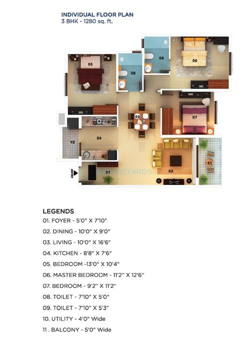 Floor plan of 3 BHK 1280 Sq. Ft. Apartment in Mantri Serenity, Bangalore