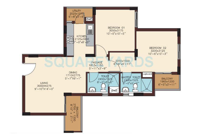 Floor plan of 2 BHK 980 Sq. Ft. Apartment in Mantri Woodlands, Bangalore