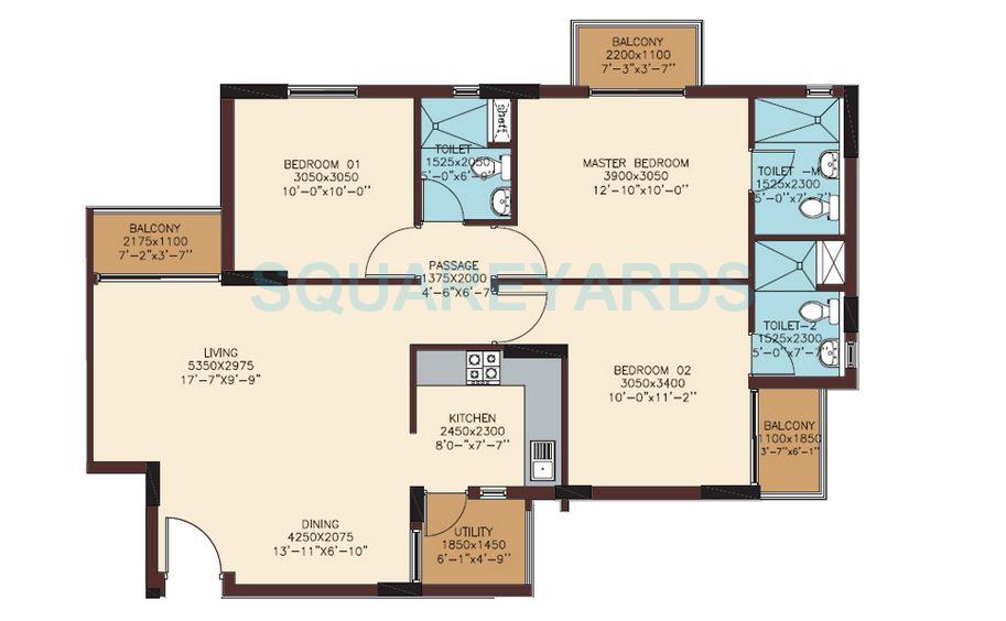 Floor plan of 3 BHK 1420 Sq. Ft. Apartment in Mantri Woodlands, Bangalore