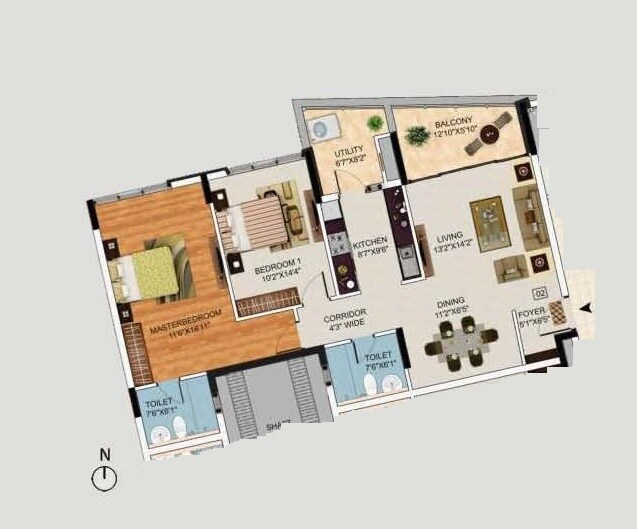 Floor plan of 2 BHK 1380 Sq. Ft. Apartment in Mantri Manyata Lithos, Bangalore