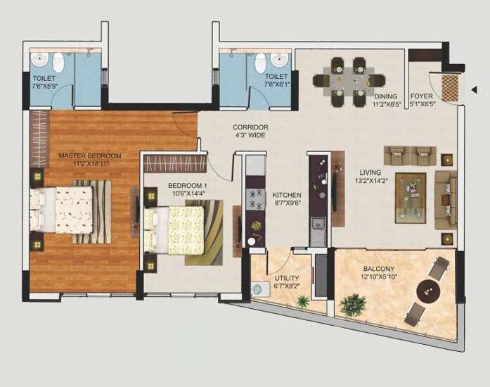 Floor plan of 2 BHK 1440 Sq. Ft. Apartment in Mantri Manyata Lithos, Bangalore
