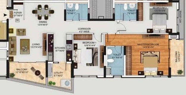 Floor plan of 3 BHK 1690 Sq. Ft. Apartment in Mantri Manyata Lithos, Bangalore