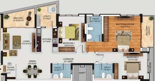 Floor plan of 3 BHK 1920 Sq. Ft. Apartment in Mantri Manyata Lithos, Bangalore