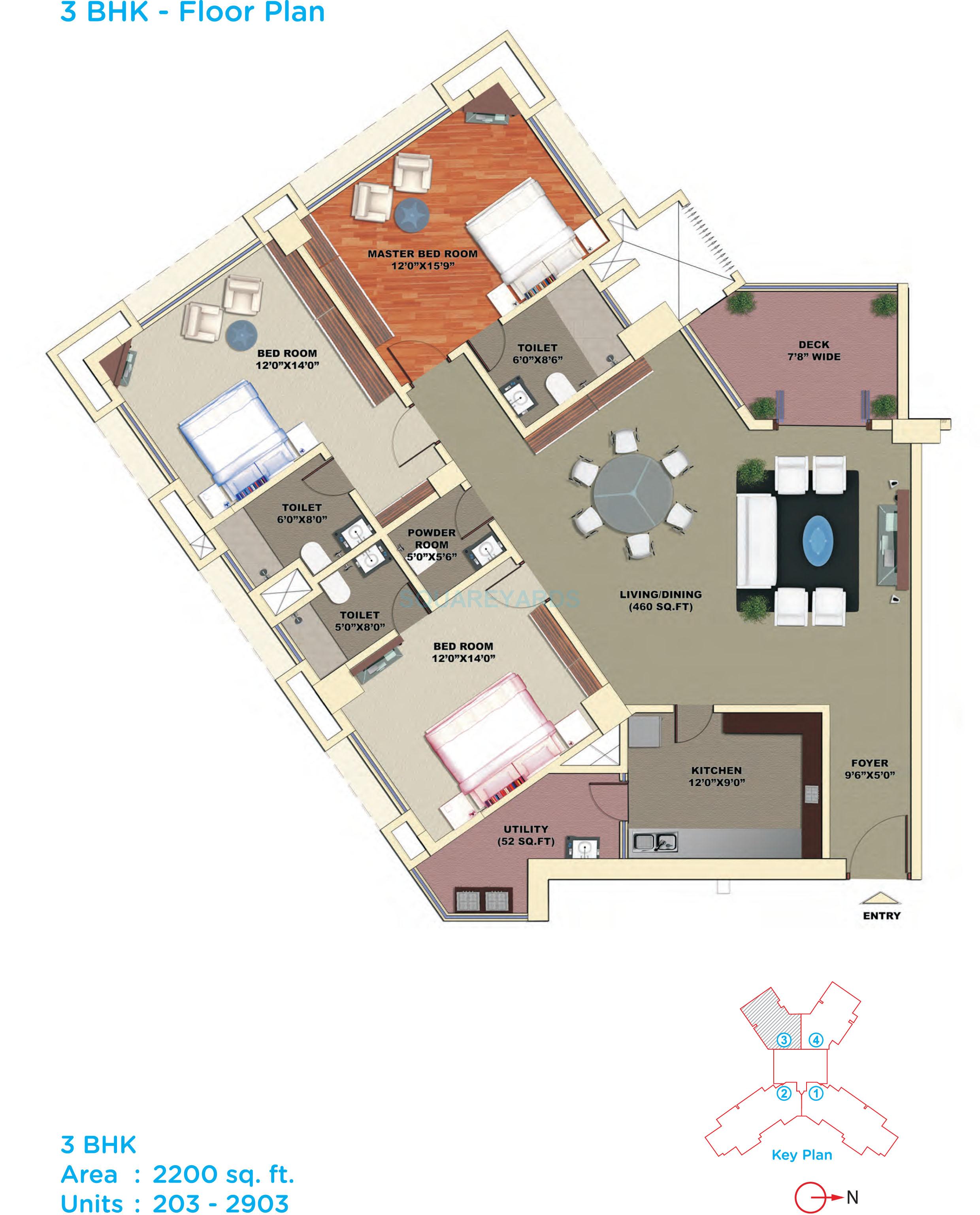 Floor plan of 3 BHK 2200 Sq. Ft. Apartment in Mantri Pinnacle, Bangalore