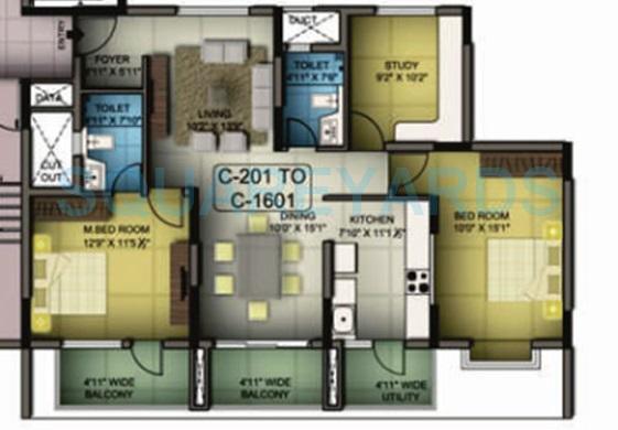 Floor plan of 2 BHK 1475 Sq. Ft. Apartment in Mantri Premero, Bangalore
