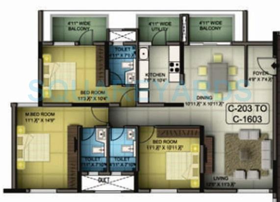 Floor plan of 3 BHK 1663 Sq. Ft. Apartment in Mantri Premero, Bangalore
