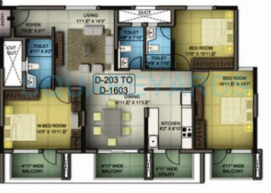 Floor plan of 3 BHK 1685 Sq. Ft. Apartment in Mantri Premero, Bangalore
