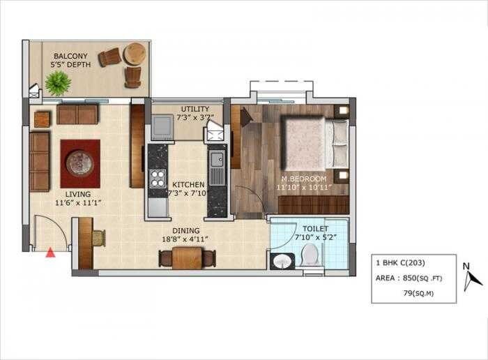 Floor plan of 1 BHK 850 Sq. Ft. Apartment in Mantri Primus Reflection, Bangalore