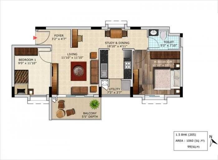Floor plan of 1 BHK 1060 Sq. Ft. Apartment in Mantri Primus Reflection, Bangalore