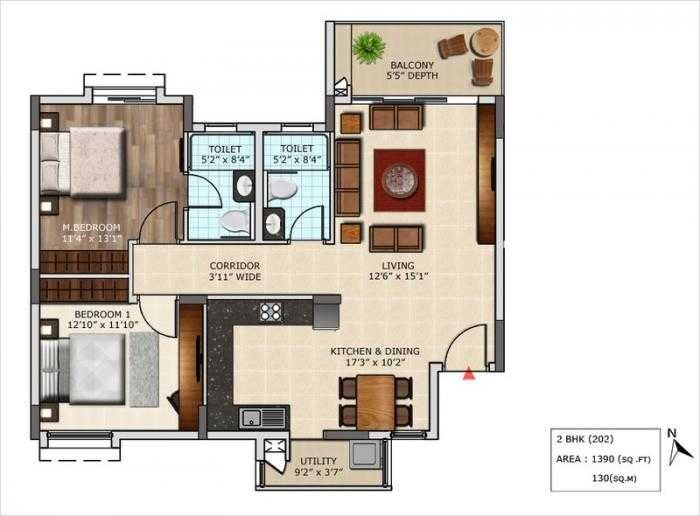 Floor plan of 2 BHK 1390 Sq. Ft. Apartment in Mantri Primus Reflection, Bangalore