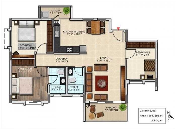 Floor plan of 2 BHK 1560 Sq. Ft. Apartment in Mantri Primus Reflection, Bangalore