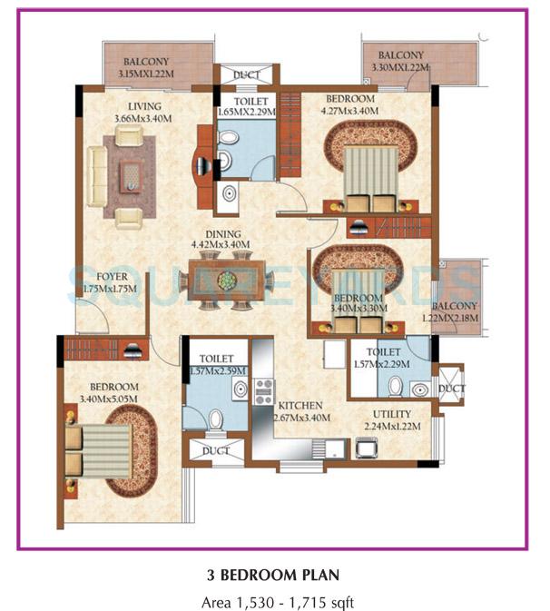 Floor plan of 3 BHK 1715 Sq. Ft. Apartment in Mantri Royale, Bangalore