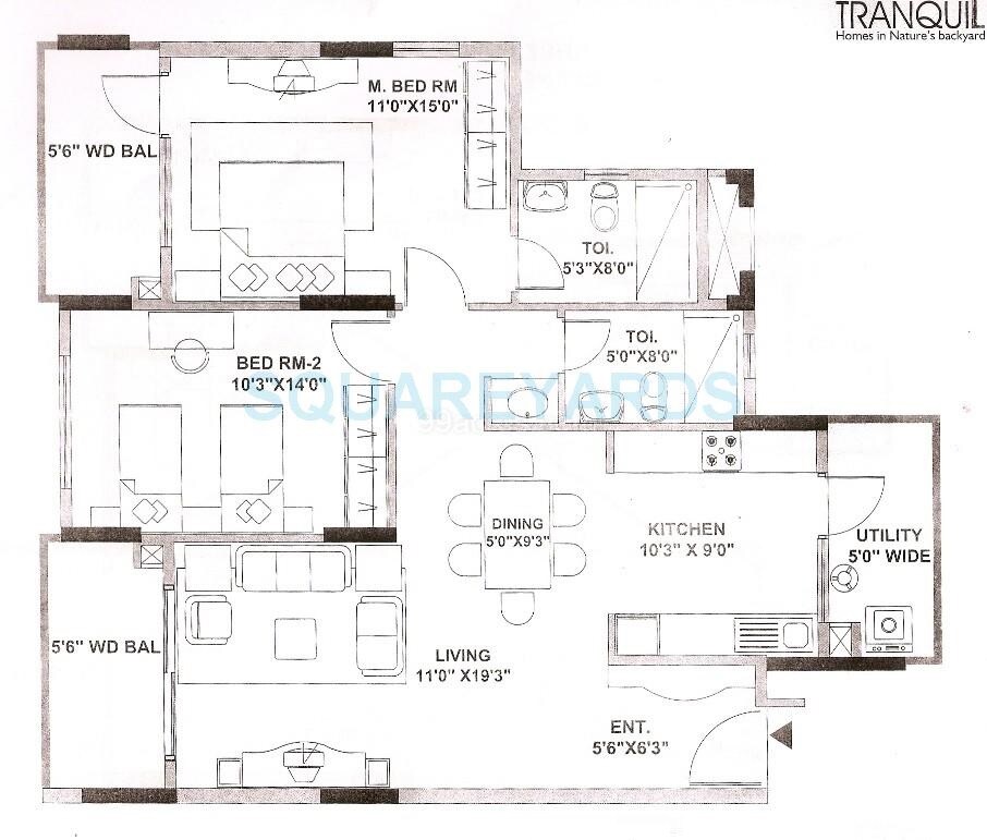 Floor plan of 2 BHK 1270 Sq. Ft. Apartment in Mantri Tranquil, Bangalore