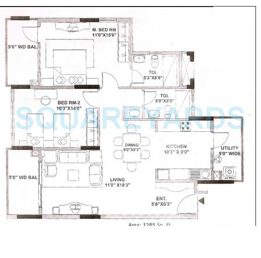 Floor plan of 2 BHK 1285 Sq. Ft. Apartment in Mantri Tranquil, Bangalore