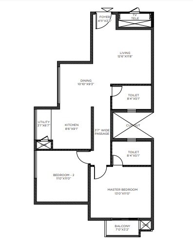 Floor plan of 2 BHK 950 Sq. Ft. Apartment in Mantri Webcity, Bangalore