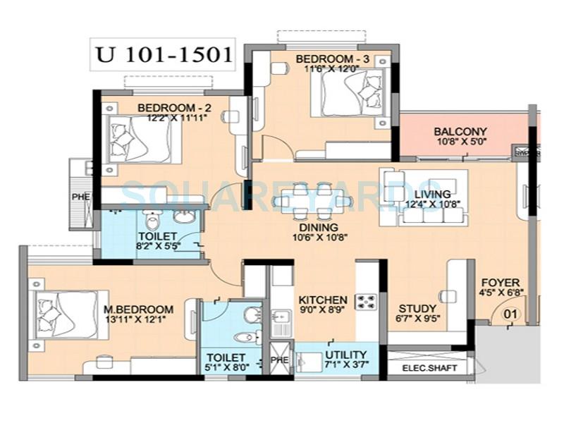 Floor plan of 3 BHK 1250 Sq. Ft. Apartment in Mantri Webcity, Bangalore