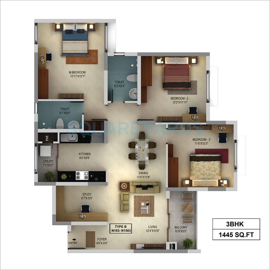 Floor plan of 3 BHK 1445 Sq. Ft. Apartment in Mantri Webcity, Bangalore