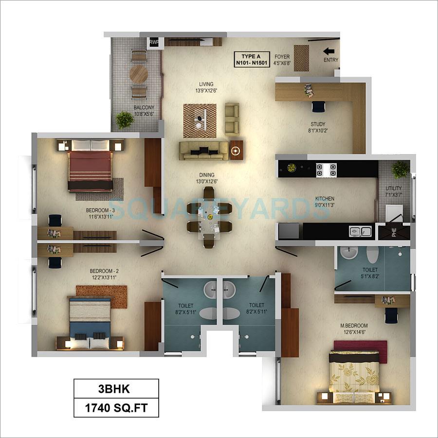 Floor plan of 3 BHK 1740 Sq. Ft. Apartment in Mantri Webcity, Bangalore