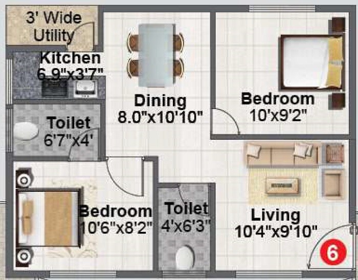 Floor plan of 2 BHK 695 Sq. Ft. Apartment in Manya Elite, Bangalore
