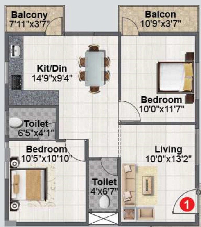 Floor plan of 2 BHK 979 Sq. Ft. Apartment in Manya Elite, Bangalore