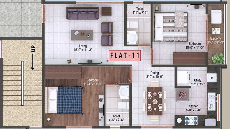 Floor plan of 2 BHK 1020 Sq. Ft. Apartment in Mars Mount, Bangalore
