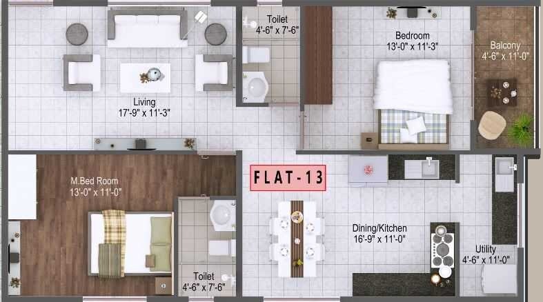 Floor plan of 2 BHK 1225 Sq. Ft. Apartment in Mars Mount, Bangalore