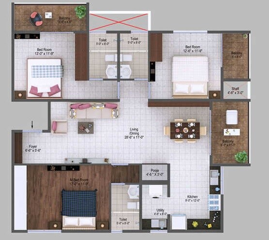 Floor plan of 3 BHK 1410 Sq. Ft. Apartment in Mars Mount, Bangalore