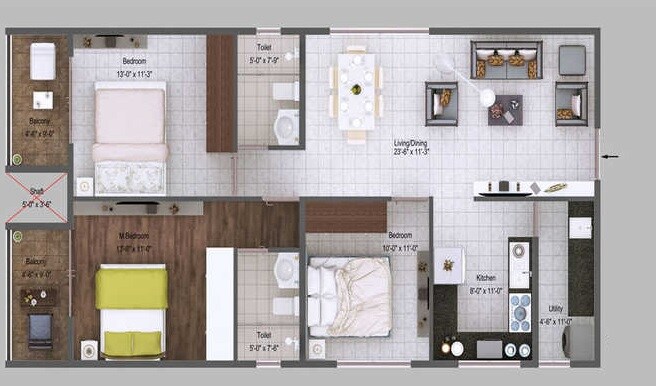Floor plan of 3 BHK 1880 Sq. Ft. Apartment in Mars Mount, Bangalore