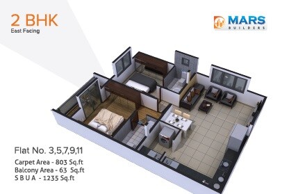 Floor plan of 2 BHK 1235 Sq. Ft. Apartment in Mars The Planet, Bangalore