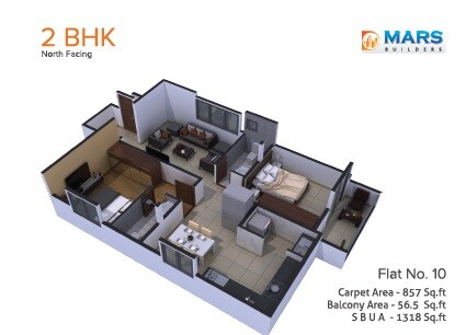 Floor plan of 2 BHK 1318 Sq. Ft. Apartment in Mars The Planet, Bangalore