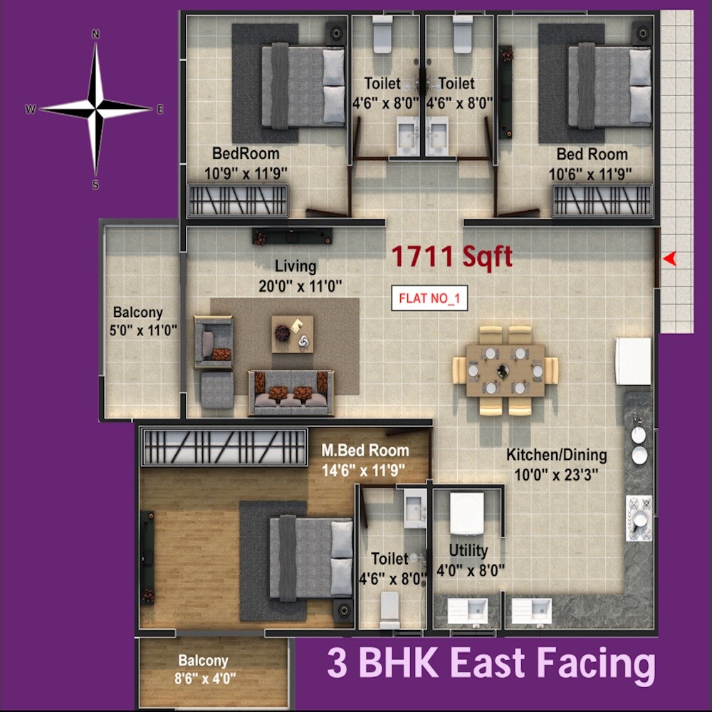 Floor plan of 3 BHK 1711 Sq. Ft. Apartment in Mars The Planet, Bangalore