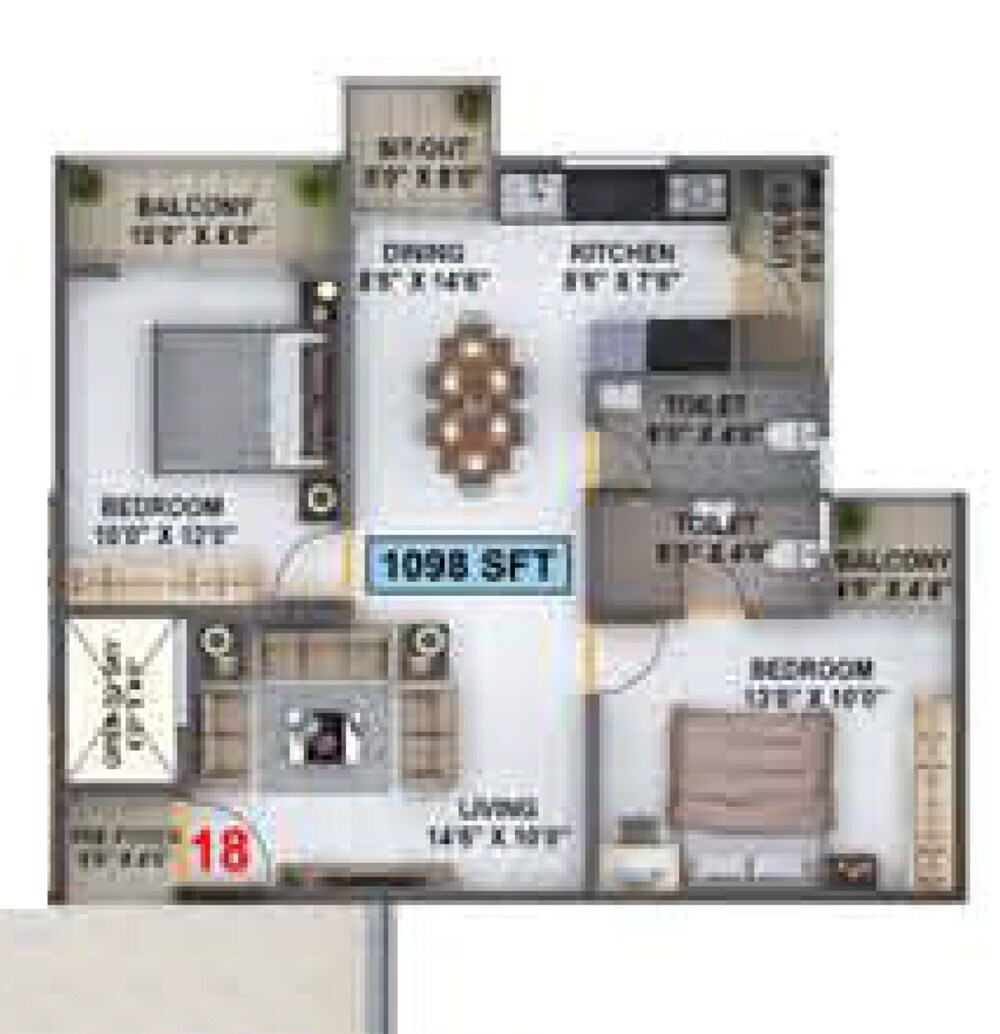 2 BHK 1098 Sq. Ft. Apartment
