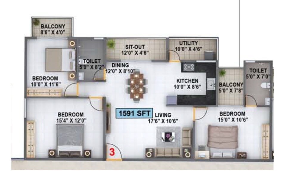 3 BHK 1591 Sq. Ft. Apartment