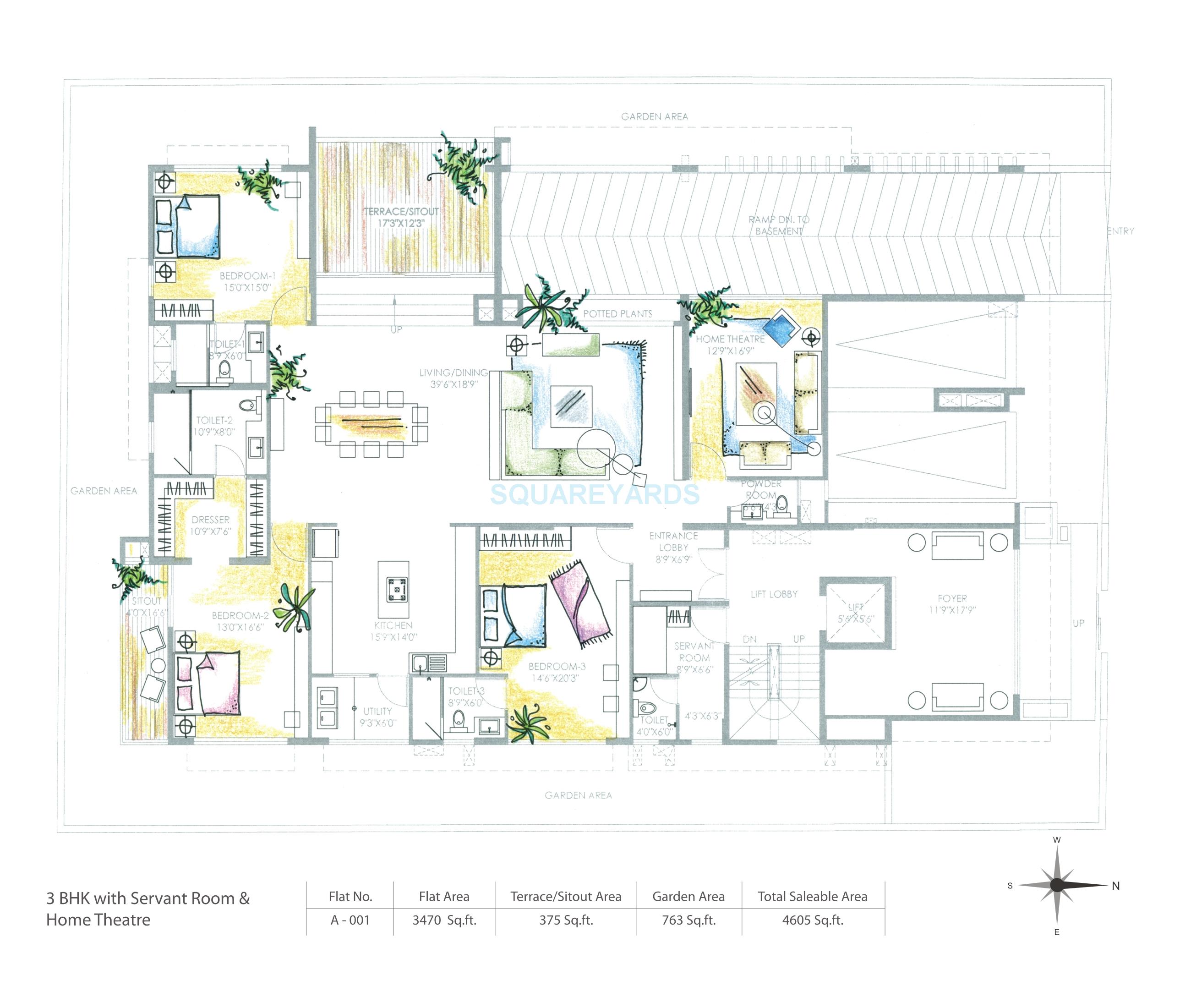 Floor plan of 3 BHK 4605 Sq. Ft. Apartment in Marvel Amora, Bangalore