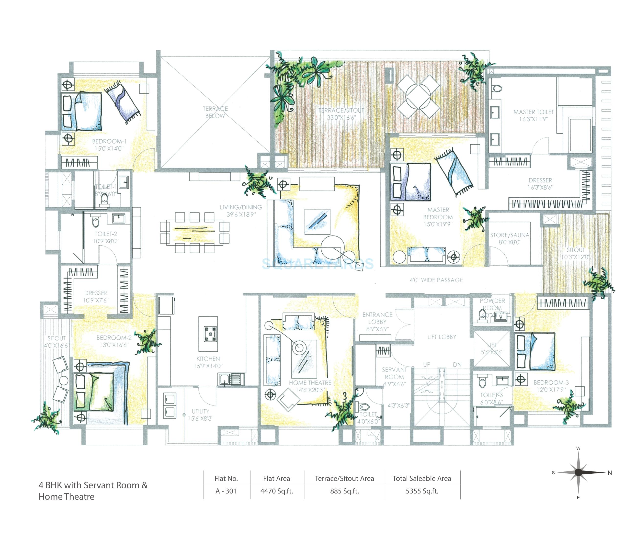 Floor plan of 4 BHK 5355 Sq. Ft. Apartment in Marvel Amora, Bangalore