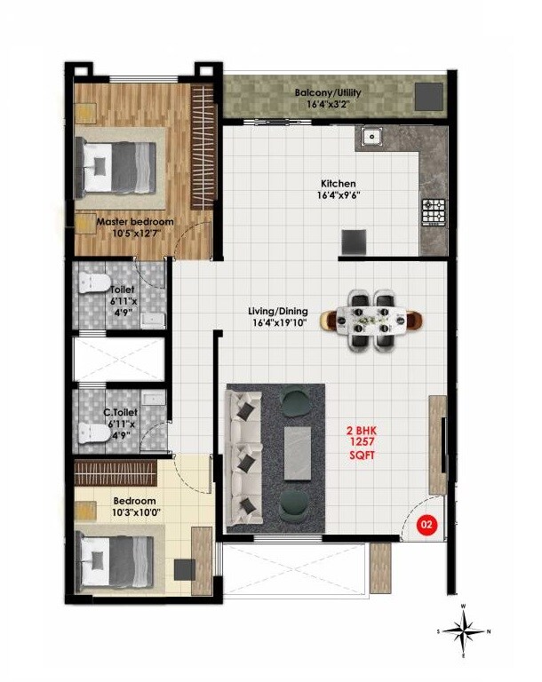 Floor plan of 2 BHK 1257 Sq. Ft. Apartment in Maryiam Pacific Legacy, Bangalore