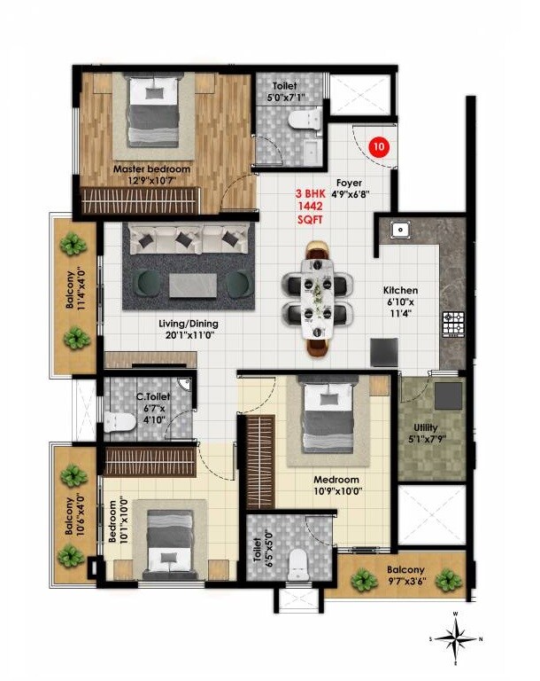 Floor plan of 3 BHK 1442 Sq. Ft. Apartment in Maryiam Pacific Legacy, Bangalore