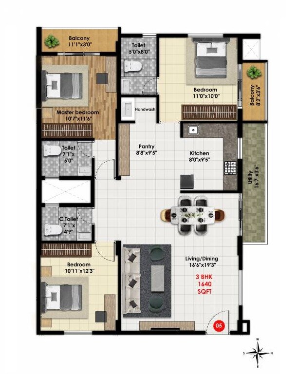 Floor plan of 3 BHK 1640 Sq. Ft. Apartment in Maryiam Pacific Legacy, Bangalore