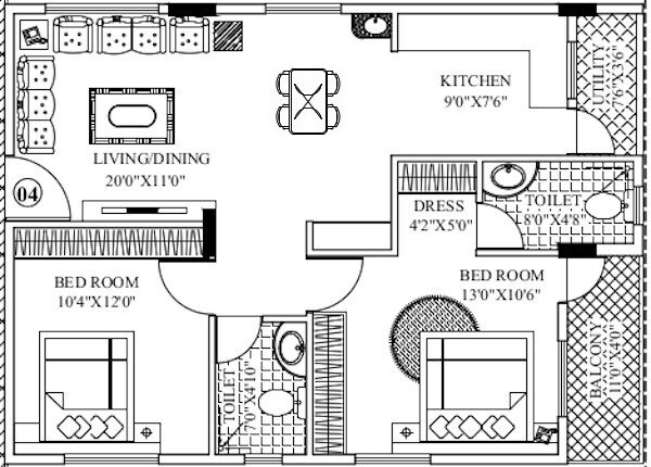 Floor plan of 2 BHK 1109 Sq. Ft. Apartment in Mashri Prajavani Apartment, Bangalore