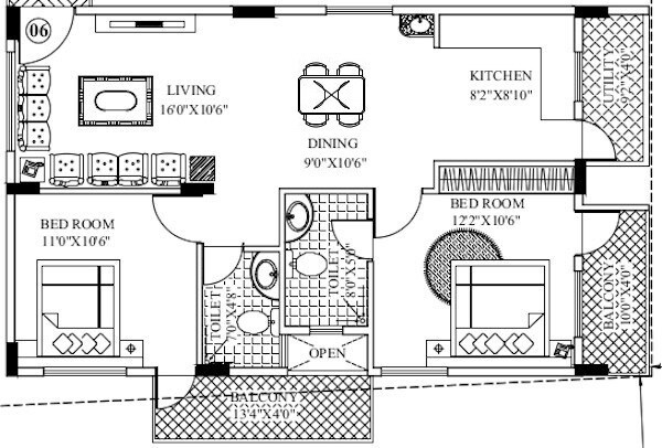 Floor plan of 2 BHK 1185 Sq. Ft. Apartment in Mashri Prajavani Apartment, Bangalore