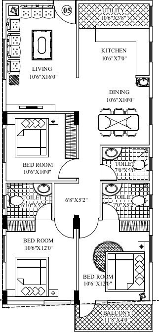 Floor plan of 3 BHK 1372 Sq. Ft. Apartment in Mashri Prajavani Apartment, Bangalore