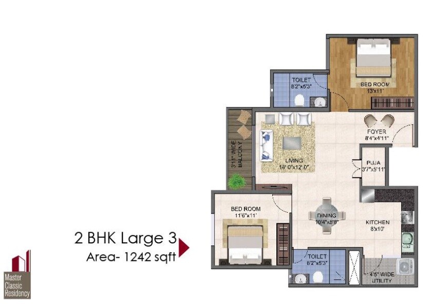 Floor plan of 2 BHK 1242 Sq. Ft. Apartment in Master Classic Residency, Bangalore