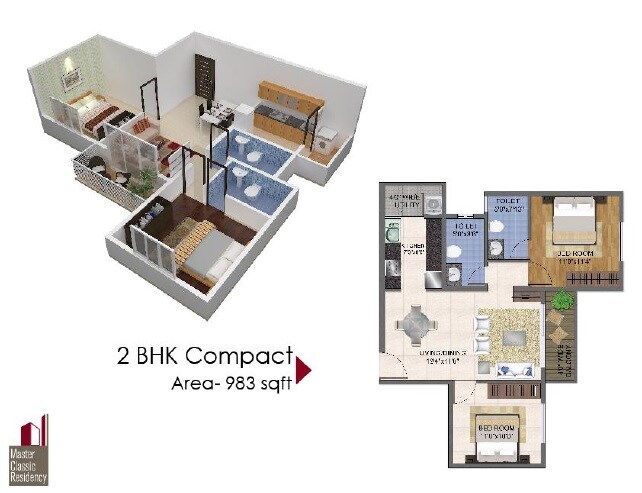 Floor plan of 2 BHK 983 Sq. Ft. Apartment in Master Classic Residency, Bangalore