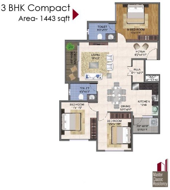 Floor plan of 3 BHK 1443 Sq. Ft. Apartment in Master Classic Residency, Bangalore