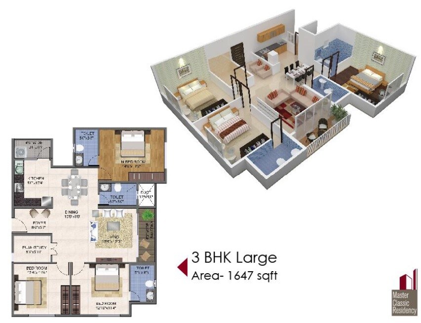 Floor plan of 3 BHK 1647 Sq. Ft. Apartment in Master Classic Residency, Bangalore