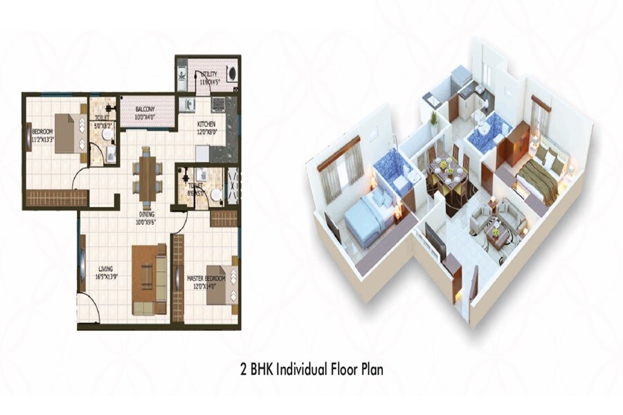 Floor plan of 2 BHK 1347 Sq. Ft. Apartment in Master Royal Meenakshi, Bangalore